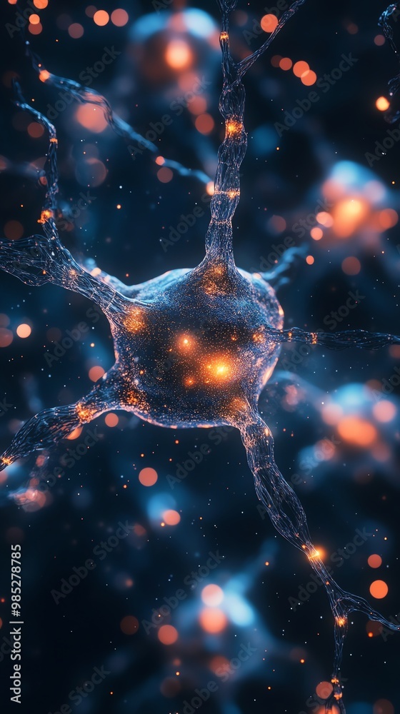 Aufkleber a glowing, abstract neuron with intricate branches and a bright central body surrounded by bokeh lig