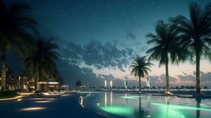 Fototapeta premium A serene and patriotic visual for Saudi National Day, depicting a luxury beach resort under a calm, starry night that transitions to a vibrant sunrise. The scene showcases green and white colors