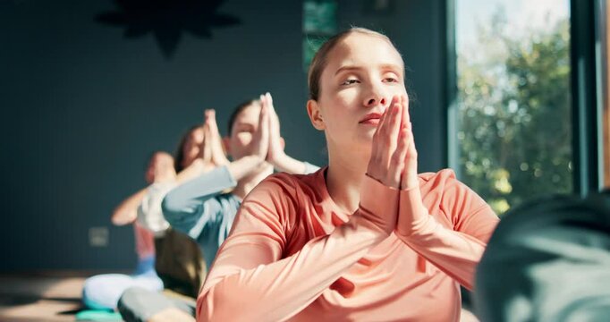 Yoga, class and meditation with namaste in studio for holistic wellness, mindfulness or spiritual healing on floor. People, diversity group or praying hands for mental health balance, peaceful or zen
