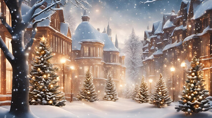 Fototapeta premium Christmas background, with elements such as snow, snowflakes and colorful decorations. AI generated.