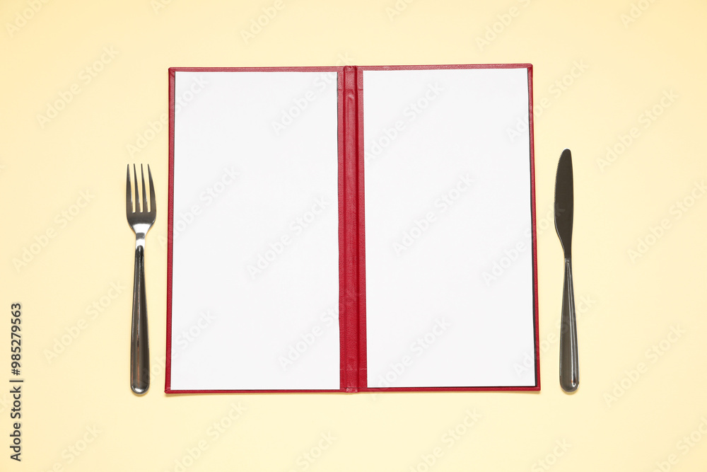 Poster Hardcover notebook with blank sheets for menu design and cutlery on beige table, flat lay