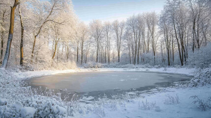 A tranquil snowy scene with a frozen pond surrounded by trees covered in a thick layer of snow.