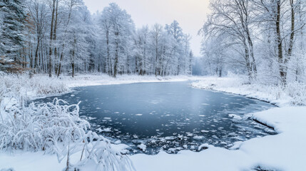 A tranquil snowy scene with a frozen pond surrounded by trees covered in a thick layer of snow.