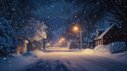 A peaceful snowy night scene with streetlights illuminating a snow-covered road in a quiet neighborhood. -