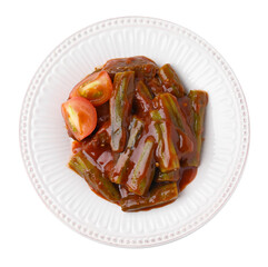 Tasty stew with okra and tomato sauce isolated on white, top view