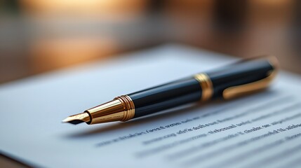 A gold-trimmed fountain pen rests on a white document.