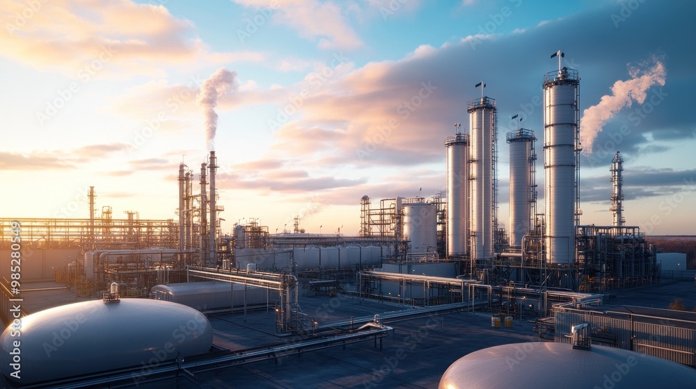 Wall mural industrial complex with smokestacks and storage tanks against a sunset backdrop.