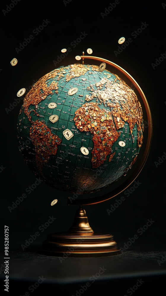 Poster a golden globe with a green surface has gold coins surrounding it on a dark background.