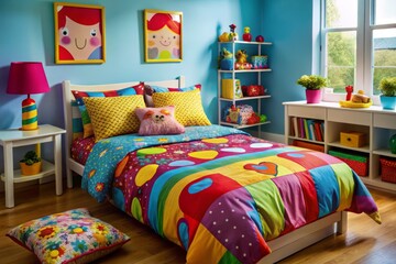 A whimsical bed adorned with vibrant bedding and playful pillows creates a cozy haven in a delightful children's