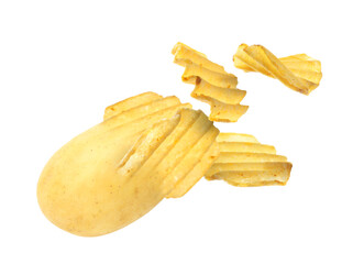 Raw potato turning into tasty crispy chips in air on white background
