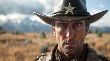 Obraz premium Close-up Portrait of a Determined Cowboy in the Wild West