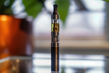 Close-up of a vape pen cartridge with a white background. The cartridge contains a liquid cannabis oil, possibly hemp-derived, in a glass container. The oil is a dark green color with a slight sheen.