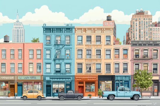 Colorful buildings and storefronts in vibrant urban city street scene