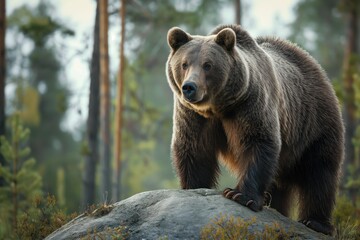 Fototapeta premium Grizzly bear on rock in forest. Furry animal on tree stump in woodland area. Brown bear in wilderness, wild animal in nature. Plants, foliage surround bear in forest landscape. Blurry background,