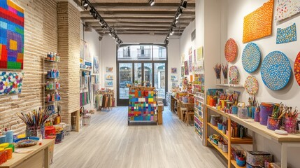 A vibrant art supply store filled with colorful materials and creative displays.