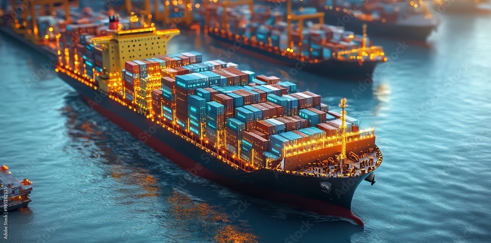 Poster a large cargo ship carrying multiple containers, illuminated by bright lights, sails across a calm o