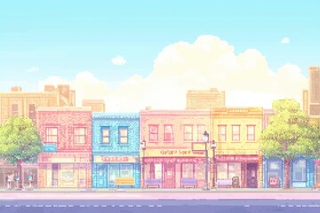Colorful cartoon style city street with shops and storefronts