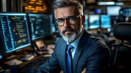 Fototapeta premium Businessman in Suit Wearing Glasses and Looking at Camera - Realistic Image