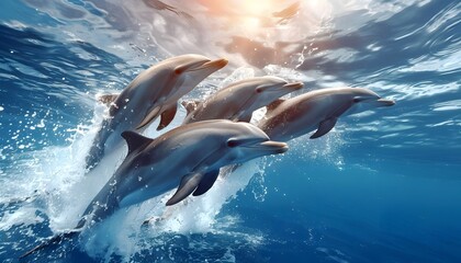 Obraz premium Dolphins swimming and playing in ocean.