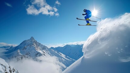 A skier performs a jump over snow-covered mountains under a bright blue sky.