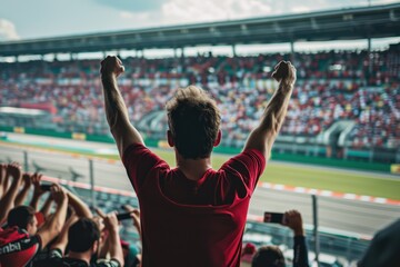 Vibrant red-shirted man raises arms in celebration amidst a noisy motor racing event. Crowded stadium atmosphere energizes the scene as blurred faces of spectators add to the motion and anticipation.