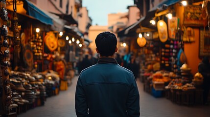 Man Walking Through a Vibrant Market in Morocco