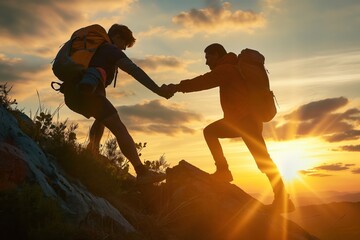 Young couple hike mountain together, helping friend in need. Female hiker assists male companion on difficult terrain at sunset. Friendship and trust in action.