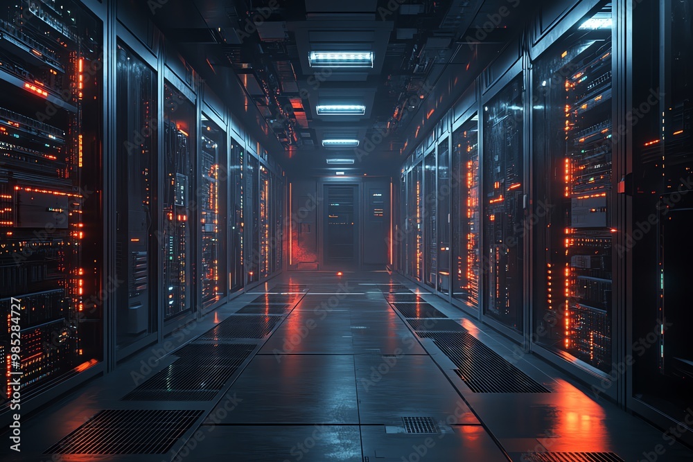 Aufkleber A long corridor lined with glowing server racks in a data center.
