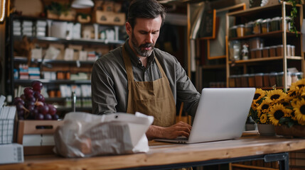 Obraz premium Small business owner managing am online store working on laptop, e commerce business concept, digital marketing