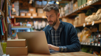 Small business owner managing am online store working on laptop, e commerce business concept, digital marketing