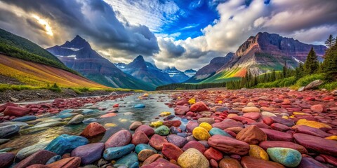 Fototapeta premium Colorful rainbow rocks contrast beautifully with the breathtaking scenery of Glacier National Park, showcasing nature's