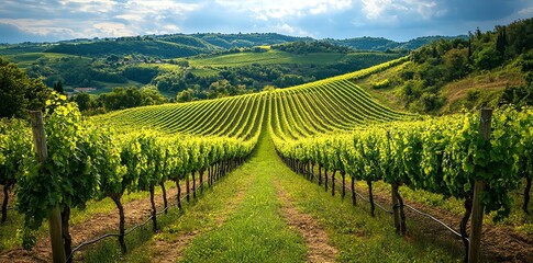 Naklejka premium A lush vineyard with rows of grapevines extending to the horizon.