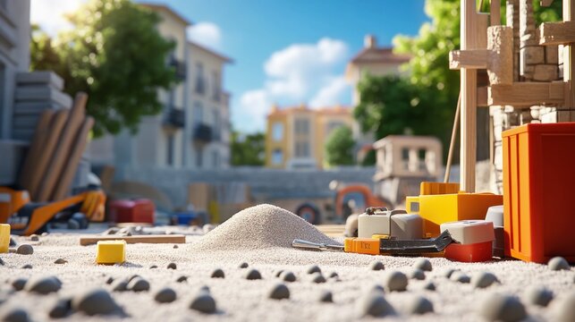 A construction site with tools and materials scattered on a sandy ground.