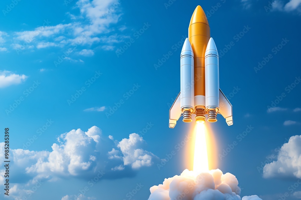 Poster rocket taking off, symbolizing fast scaling and success for startups in a business accelerator