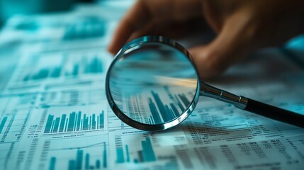 Fototapeta premium A magnifying glass lies on top of a spreadsheet with bar graphs, analyzing data.