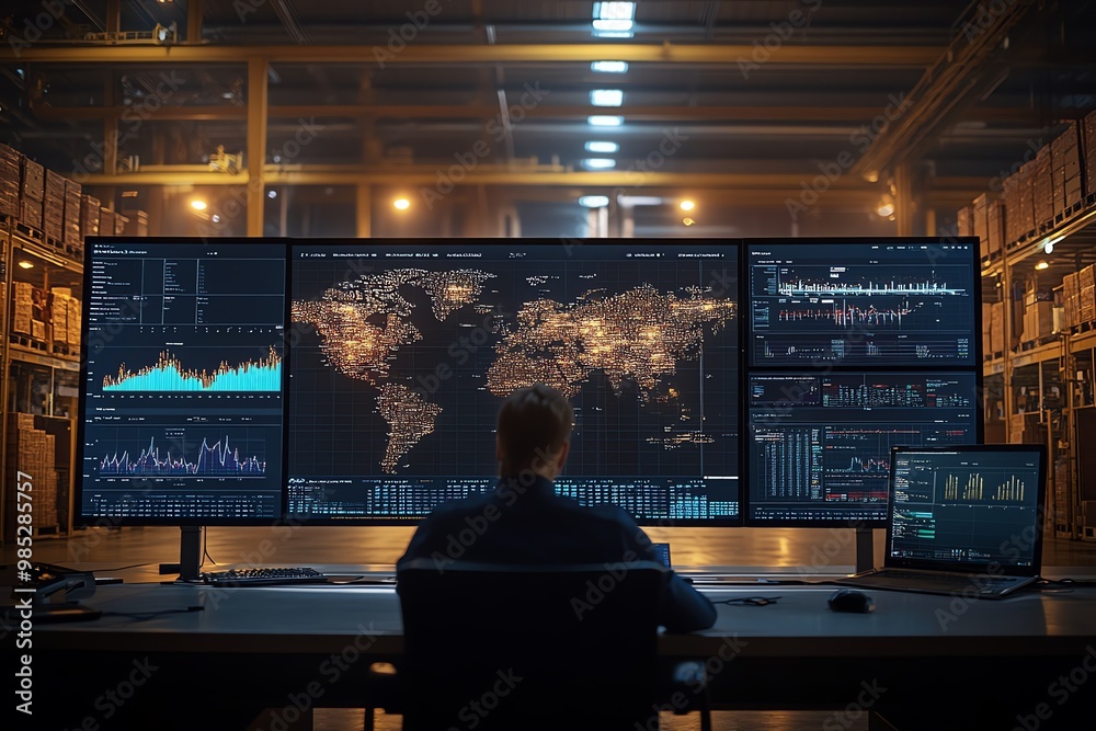 Poster A man sits at a desk in a warehouse, looking at computer monitors that show global data.