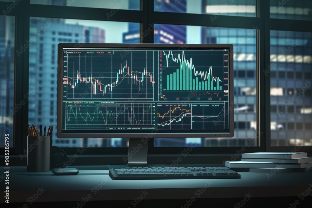 Poster Computer monitor displaying financial graph of market trends. AI-generated illustration of digital art showing currency exchange rates, business charts, investment data. Insightful statistic for