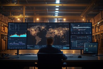 A man sits at a desk in a warehouse, looking at computer monitors that show global data.