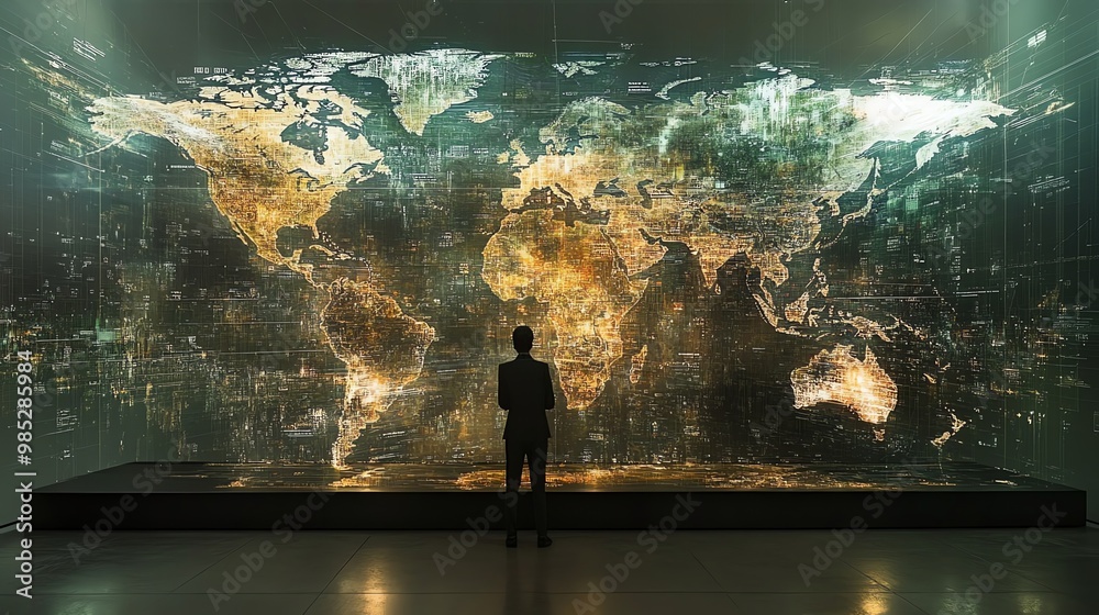 Poster A man stands in front of a large projection of the world, with a futuristic and abstract design.