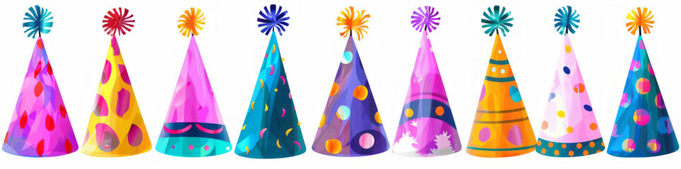Vibrant birthday party hats arranged in a row, isolated on a white background, detailed in PNG format.