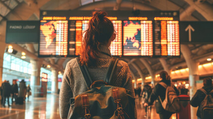 Fototapeta premium A young woman stands at the airport, looking up at a flight information board with all oceans and continents on it, her back turned towards us, wearing a coat and grey backpack.