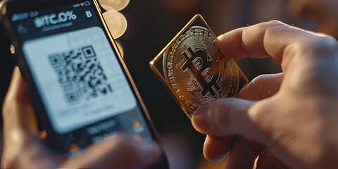Hand holding Bitcoin and QR code, Cryptocurrency transaction with Bitcoin wallet, Hand Holding Bitcoin Coin and QR Code on Smartphone Screen, Digital Cryptocurrency Payment and Transaction Concept