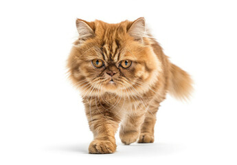 Obraz premium A Persian cat with an angry expression walking towards the camera on a white background.