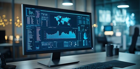 A modern desktop computer with a bright blue screen displaying a world map, charts, and graphs, standing on a desk with a keyboard and mouse pad, in an office setting.