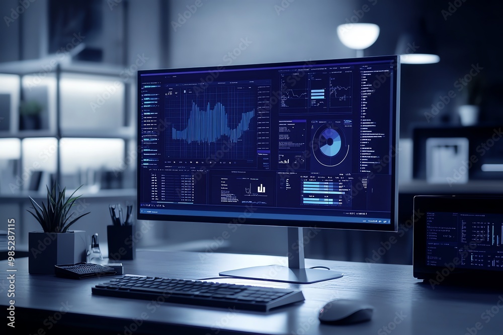 Poster A modern office desk with a desktop computer displaying charts and graphs. The desk is also equipped with a keyboard and mouse.