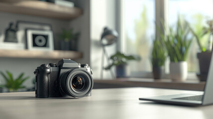 a modern digital photography camera with a laptop on the table in modern office, professional photography or videography business