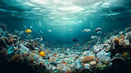 Obraz premium Underwater Pollution with Fish and Coral Reefs Illustration
