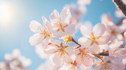 Fototapeta premium A close-up of sakura blossoms in full bloom, with soft pink petals illuminated by sunlight against a clear blue sky.