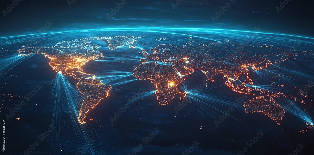 Poster a nighttime view of the world with glowing cities and connecting lines.