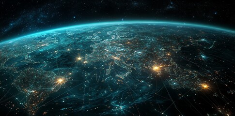 Obraz premium A night view of Earth from space, with glowing lines connecting major cities.